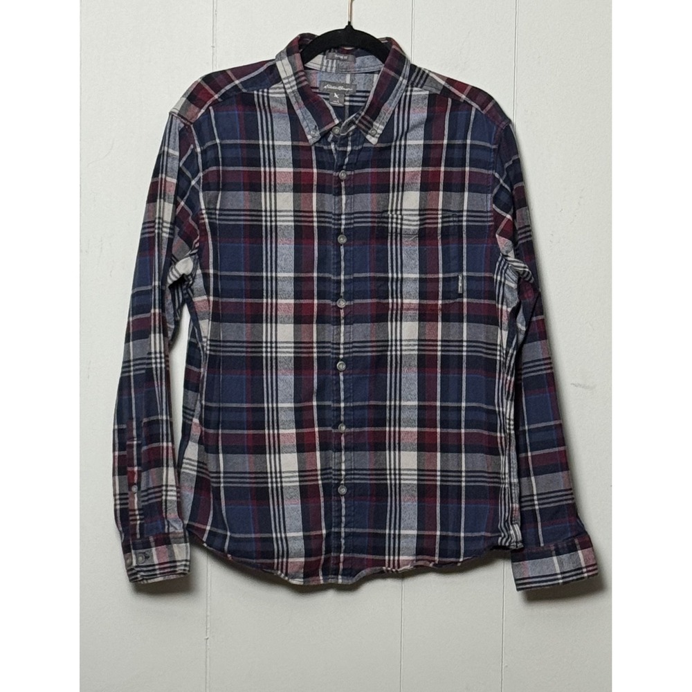 Eddie Bauer Mens Large Classic Fit Plaid Flannel Shirt Blue Red Cotton Button Up